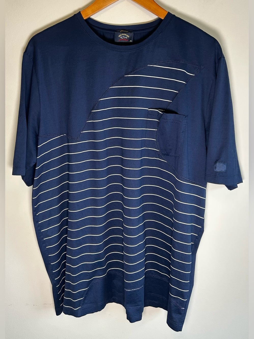 Paul & Shark Yachting Heritage Navy White Stripes T-shirt Mens XXL Shark Fin